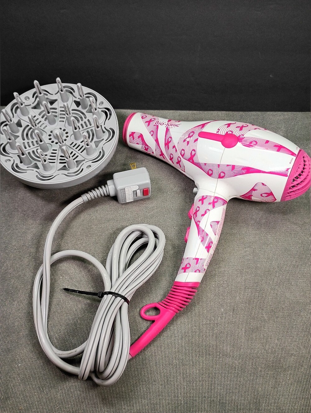 PowerLight By Bio Ionic 1875w Hair Dryer w/Diffuser White/Pink Ribbon